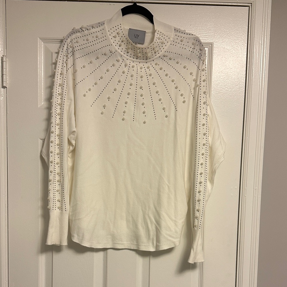 LIV Milano Pearl & Rhinestone Starburst Sweater - Ivory Mock Neck #QuietLuxury